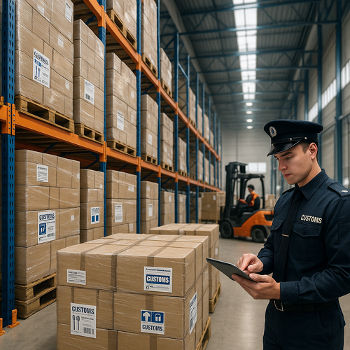 A clean modern bonded warehouse interior and a customs officer.