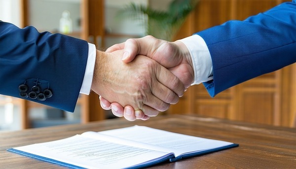 The handshake took place after both parties meticulously reviewed the signed contract symbolizing their mutual agreement and commitment to the terms outlined within the document The atmosphere was charged with a sense of accomplishment and trust as t-1-1